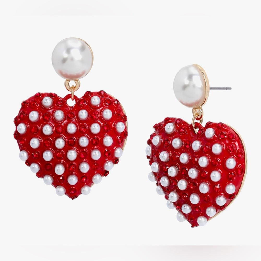 Lot of 2x NWT [Betsey Johnson] XOXO Pearl Heart Statement Earrings & Ring Set - Picture 4 of 15